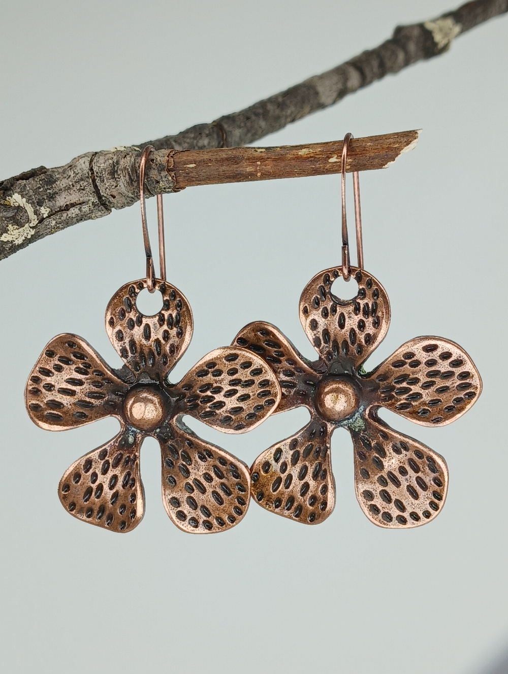 HAND CRAFTED Copper Flower Dangle Earrings Rustic Minimalist Boho Statement